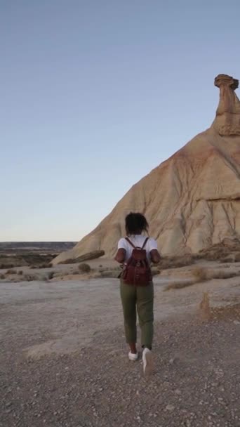 Вертикальная Инспирированная Сцена Женщины Идущей Отдаленному Месту Пустыне Барденас Реалес — стоковое видео