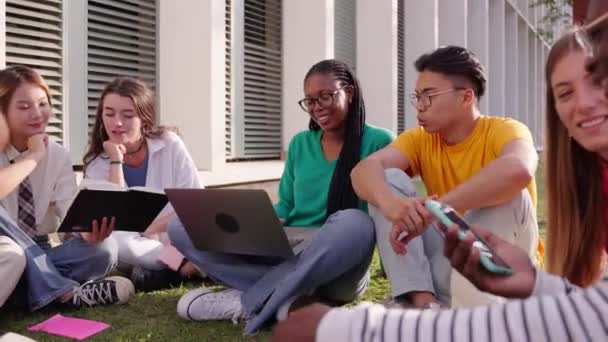 Gran Grupo Jóvenes Estudiantes Multirraciales Reunieron Parque Sonriendo Divirtiéndose Viendo — Vídeo de stock