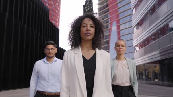 Multiracial Pracovní Kancelářský Tým Chůze Sebevědomý Postoj Při Pohledu Kameru — Stock video
