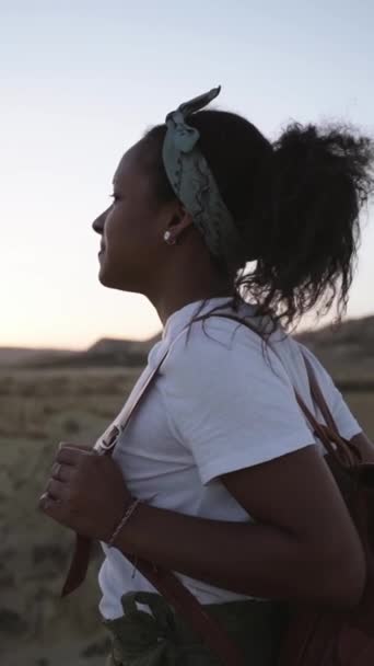 Вертикали Молодой Турист Один Наслаждается Восходом Солнца Пустыне Наслаждаясь Приключением — стоковое видео