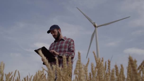 小麦畑の状態を分析するためにタブレットを使用して深刻なアグロニストエンジニア 背景の風車 農業の技術者の労働者 最新のデジタル技術によるクロップコントロール — ストック動画