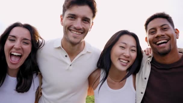 Groupe Multiracial Jeunes Amis Souriants Regardant Caméra Dans Parc Embrasser — Video