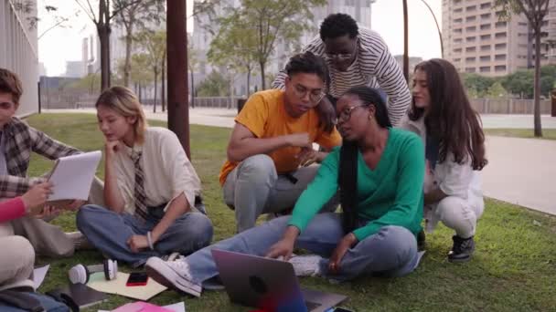 教員ビルの外の芝の上に座っている若い国際大学の学生のグループ 友人はキャンパスでワークブックやラップトップと一緒に楽しく勉強しました — ストック動画
