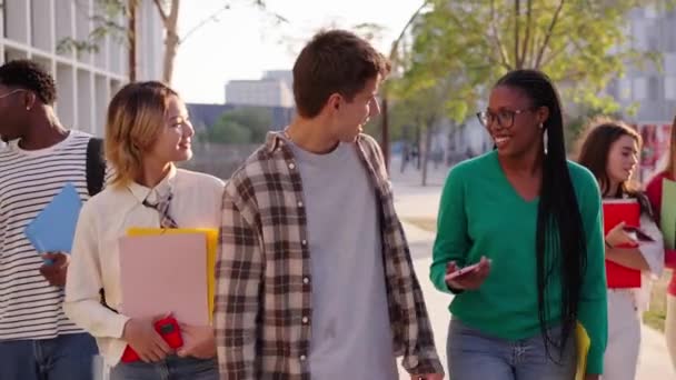 Gran Grupo Multirracial Adolescentes Riendo Divirtiéndose Caminando Juntos Campus Universitario — Vídeos de Stock