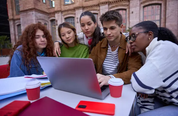 Group of students, high school pupils gather outdoors university campus work together on creative task, prepare for university test or exams use laptop. Education study tech project on digital display