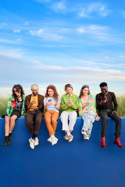 Vertical group of happy people outdoors are sitting on a blue wall, looking at their phones. The sky is blue and the grass is green, creating a peaceful atmosphere. LGBT friends using mobile cell