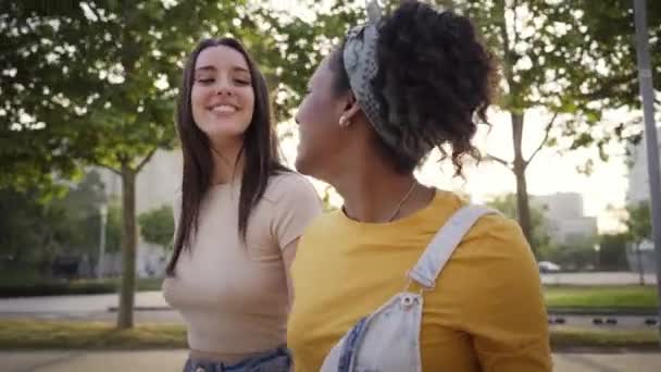 Young Multiracial Lesbian Couple Stroll Happy Chatting Sunny Day Outdoors — Stock Video