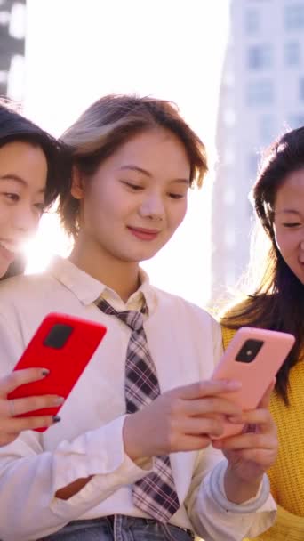 Vídeo Vertical Grupo Tres Jóvenes Mujeres Asiáticas Agradables Sonriendo Felices — Vídeo de stock