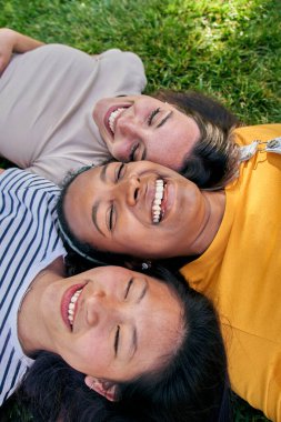 Üç kadının dikey fotoğrafı çimenlerin üzerinde sırtüstü uzanmış, mutlu bir şekilde gülümsüyor. Burunlarında bardaklar var ve doğada rahatlık ve memnuniyet jestleri yapıyorlar.