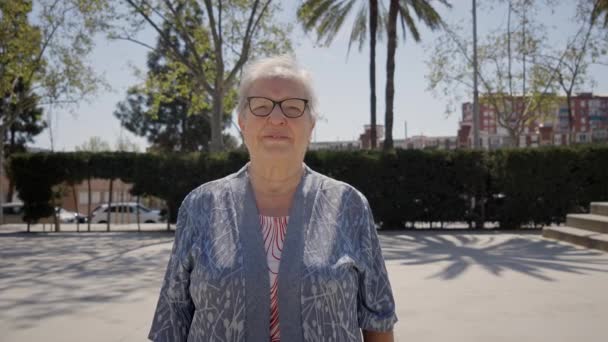 夏至时 一位满脸灰白头发的老妇人站在室外看着摄像机 城市公园里的老年妇女享受着阳光灿烂的日子 退休人员和高质量的闲暇时间 复制空间 — 图库视频影像