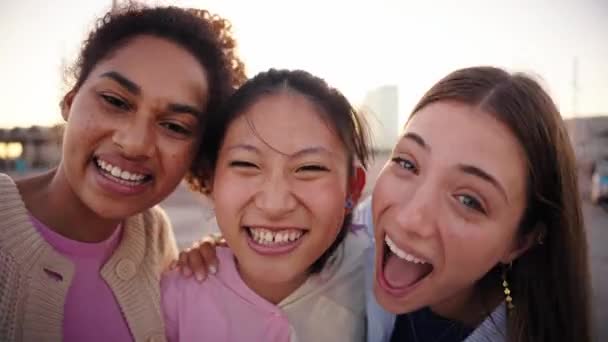 Πορτρέτο Τριών Νέων Πολυφυλετικών Γυναικών Αγκαλιάζοντας Και Χαμογελώντας Κοιτάζοντας Την — Αρχείο Βίντεο