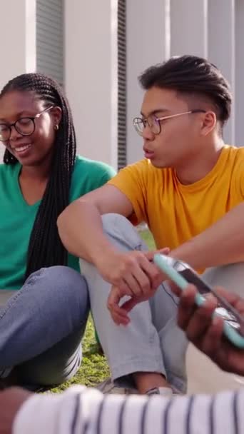 Vertikal Versammelte Sich Eine Große Gruppe Junger Multiethnischer Studenten Lächelnd — Stockvideo