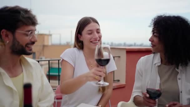 Gruppo Giovani Felici Che Brindano Vino Rosso Festeggiano Pasto Sul — Video Stock