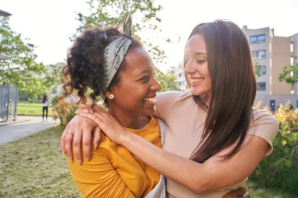 Homosexual Couple Attractive Multiracial Women Standing Hugging Affectionate Looking Each — Stock Photo, Image