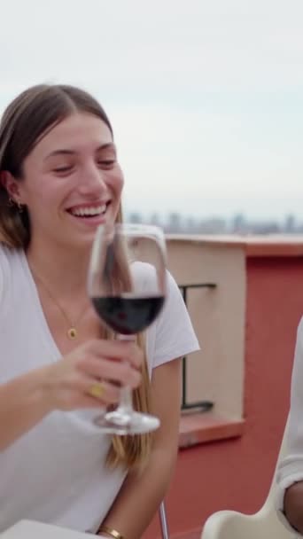 Vertical Group Happy Young People Toasting Red Wine Celebrating Meal — Stock Video