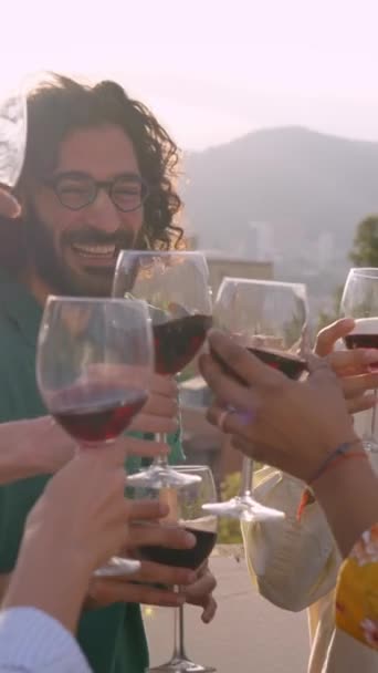 Vertical Reunión Personas Multiétnicas Que Celebran Una Fiesta Azotea Brindando — Vídeos de Stock