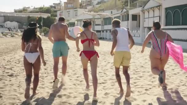 그들의 인식할 수없는 친구의 그룹은 수영복에 해변의 모래를 달리는 흥분되었다 — 비디오
