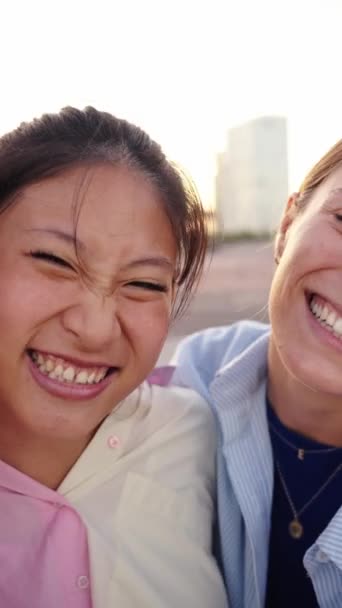 Vertical Three Young Multiracial Women Embracing Smiling Looking Camera Joyful — Stock Video