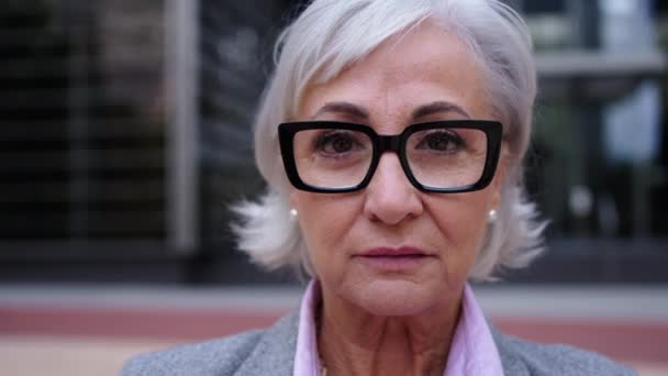 Portré Érett Kaukázusi Üzletasszonyról Szemüveggel Ősz Hajjal Formális Öltönyben Mosolyogva — Stock videók
