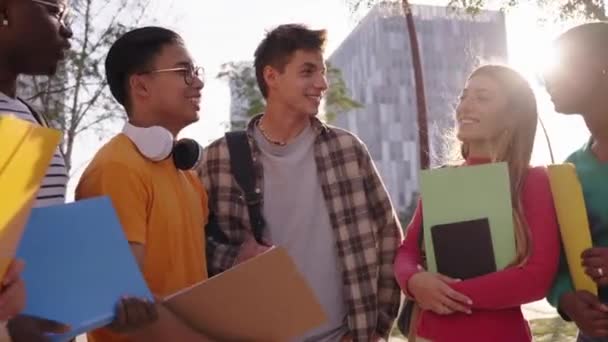Düşük Açı Birbirlerine Gülümseyen Etnik Çeşitlilikte Geniş Bir Grup Üniversite — Stok video