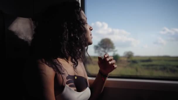 Giovane Donna Afroamericana Seduta All Interno Del Treno Cercando Pensoso — Video Stock