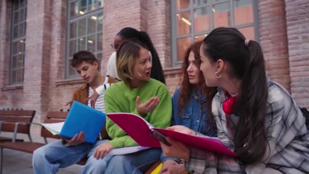 Χαμογελαστή Ομάδα Νεαρών Φοιτητών Που Κάθονται Στον Πάγκο Και Μελετούν — Αρχείο Βίντεο