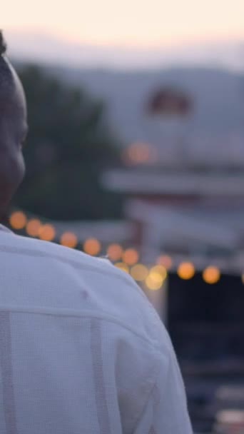 Dikey Akşamları Çatıdaki Barbekü Partisinde Çeşitli Insanlar Alkollü Içeceklerle Kadeh — Stok video