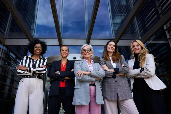 Formelle Arbeitsgruppe Aus Lächelnden Fröhlichen Vielfältigen Geschäftsleuten Nur Frauen Die Stockbild