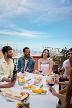 Dikey. Mutlu grup çok ırklı genç yetişkin arkadaşlar birlikte dışarıda öğle yemeği yiyorlar. Neşeli insanlar, yaz günü çatıdaki doğum günü partisinde cam kırmızı şarapla gülümseyerek bir araya geldiler. 