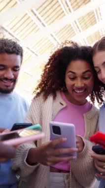 Dikey. Grup çok ırklı gençler, cep telefonlarıyla gülüp, akıllı telefonlara bakıp, eğlenceli videolar izleyerek, açık havada eğlenerek bir araya geldiler. Z jenerasyonunun iletişim ve bağımlılığı 