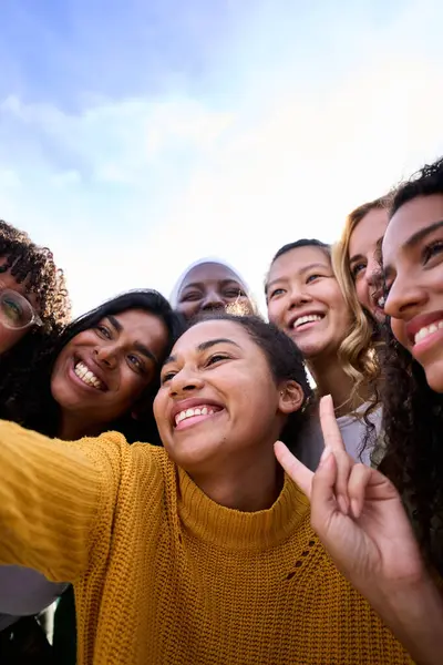 Dikey. Dışarıda selfie çekerken gülümseyen ve gülümseyen büyük bir grup genç kız. Sadece boş zamanlardaki kadın arkadaşlığı bahar tatilinin tadını çıkarır.