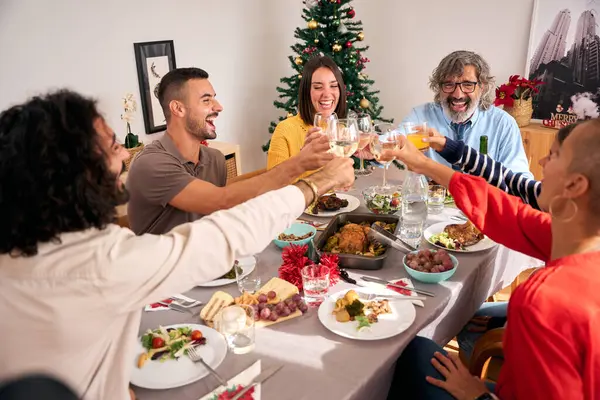 Birlikte gülen ailenin Noel yemeğini kutlaması, kutlama masasında beyaz şarap kadehleriyle kadeh kaldırması. Mutlu çeşitli insanlar kış tatillerinde evde eğleniyor. 