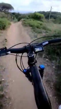 Dikey. Tanımlanamayan erkek dağ bisikletçisinin POV 'u kırsal bölgedeki dar toprak yolda hız yapıyor. Bakış açısı genç maceraperest bisikletçilere uyuyor. Açık hava sporları yaz günü pratik yapıyorlar.