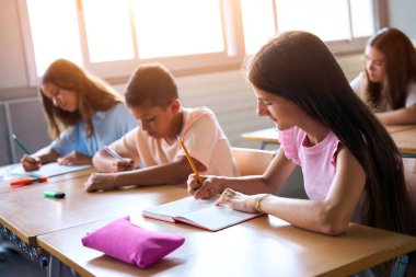 Çeşitli ilkokul çocukları sınıfta masa başında otururken not defterlerine yazmaya konsantre olurlar. İlkokul çocukları ve kızlar destek sınıfında egzersiz yapıyorlar. Çocukluk eğitimini kabul et