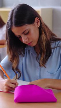 Dikey. Beyaz kız ilkokul öğrencisi sınıfta öğretmenlik dersi egzersizleri yapıyordu. Sınıfta masa başında oturan inek bir kız çocuğu. Ergenlik öncesi çocuklar, ilköğretim kavramı