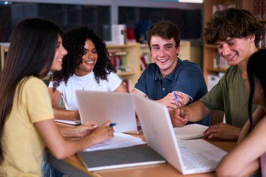 Kütüphanede dizüstü bilgisayar kullanarak sınıf çalışması yapan bir grup genç lise öğrencisi. Çeşitli kuşak z sınıf arkadaşları beyin fırtınası yaparak bilgisayar ve not defterleriyle çalışıyorlar.
