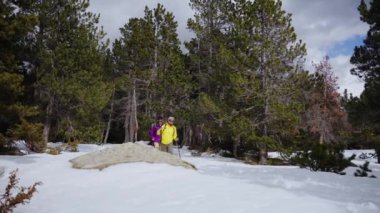 Erkek yürüyüşçü, karlı dağ ormanlarının tadını çıkarıyor. Sadece sırt çantalı ve yürüyüş direkleriyle donatılmış erkekler sakin kış manzarasını kucaklıyor. Arkadaşlık ve macera.