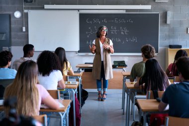 Bir öğretmen sınıfın önünde duruyor, öğrencilerine bir ders veriyor. Sahne odak, çeşitlilik ve akademik bir ortamda bilginin işbirlikçi takibini yansıtıyor.