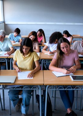 Dikey. Sınıfta birlikte çalışan bir grup çok ırklı öğrencinin ön görüntüsü. Sahne odaklanma, işbirliği ve akademik ortamda genç öğrencilerin çeşitliliğini vurguluyor