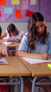 Dikey. Üniversite kolejinin gülümseyen grubu sınıfta oturmuş kameraya bakıyor. Lise öğrencilerinin neşeli portresi. Birlikte çalışalım. Halk, eğitim ve toplum insanları