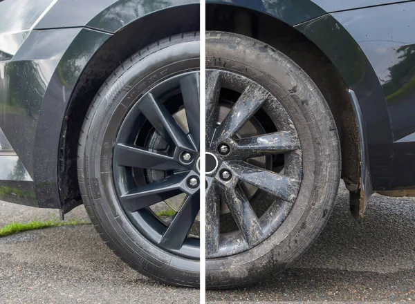 Comparison of a washed car wheel with a dirty one in one photo