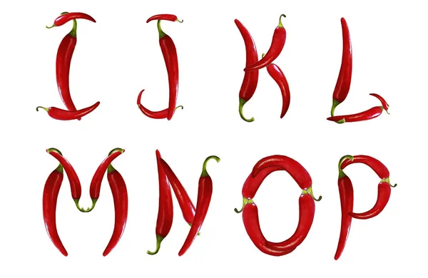 stock image Edible alphabet made from hot, chili peppers. Letters I, J, K, L, M, N, O, P isolated on white background