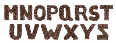 Edible alphabet made from coffee beans. Letters M to Z on isolated white background clipart