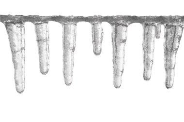 İzole edilmiş beyaz arka planda buz saçakları. Resmin ana hatları var. Seçici odak
