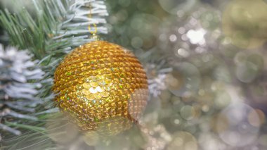 Golden ball on a Christmas tree surrounded by bokeh highlights clipart