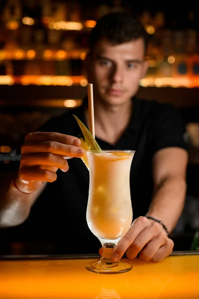 stock image close-up glass with signature cocktail that the hands of male bartender decorate with green leaves