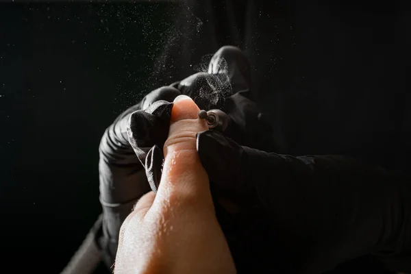 Close Female Hands Manicurist Sterile Black Gloves Files Nails Woman — Stock Photo, Image