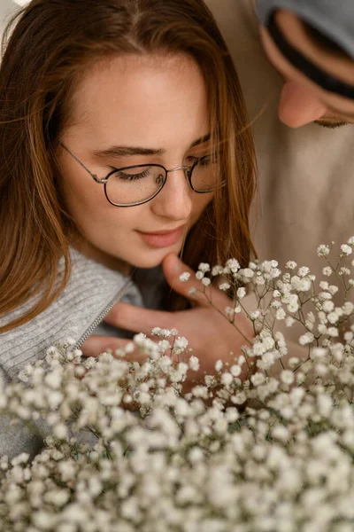 Close View Face Beautiful Woman Glasses Bouquet Flowers Male Hand — Stock Photo, Image
