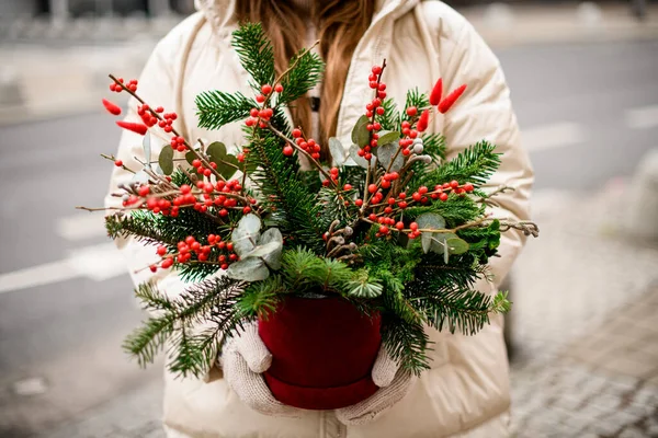 Közelkép Gyönyörű Karácsonyi Virág Elrendezése Edény Lucfenyő Ágak Ágak Piros — Stock Fotó