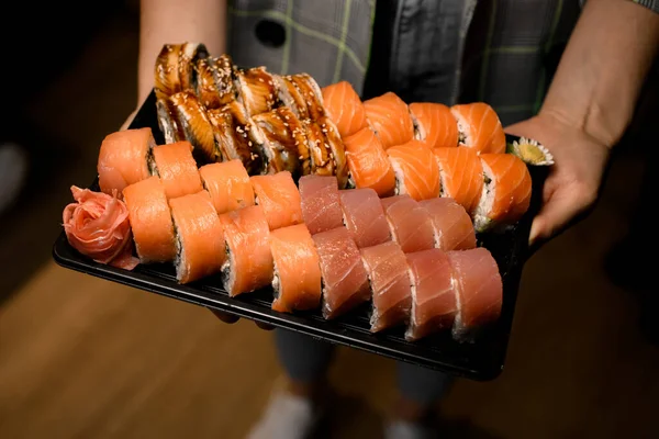 Tasty Sushi Set Philadelphia Rolls Salmon Tuna Eel Black Box — Stok fotoğraf